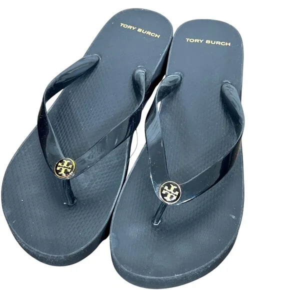 TORY BURCH Women's Thandie Wedge Medallion Flip Flops Black Sz 11 EUC - Picture 1 of 5